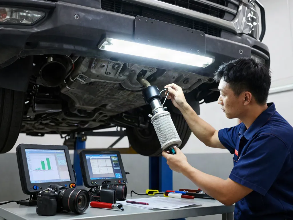 DPF-Regeneration in einer Werkstatt mit Techniker, Fahrzeug und Werkzeugen