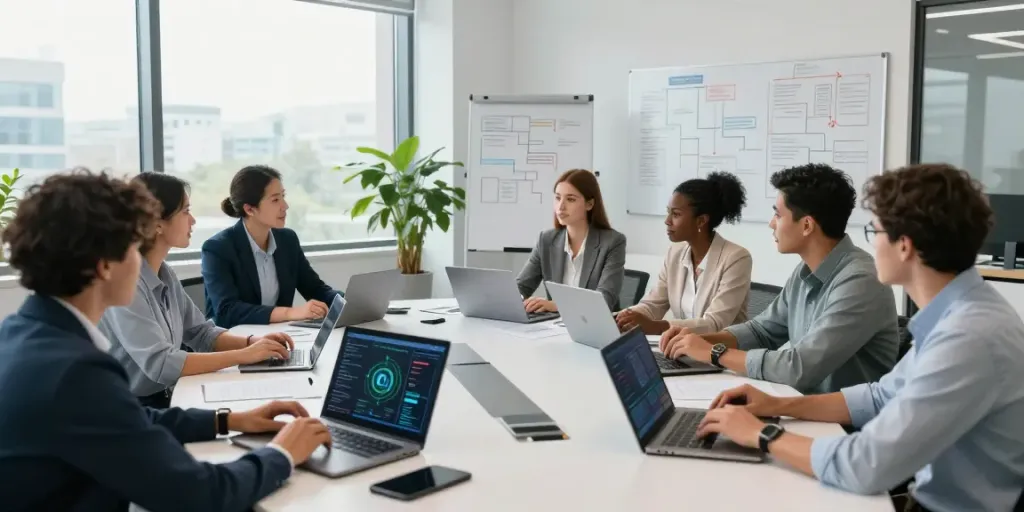 IT-Sicherheitsdienstleister im modernen Büro mit Fachleuten, die Sicherheitsstrategien diskutieren.