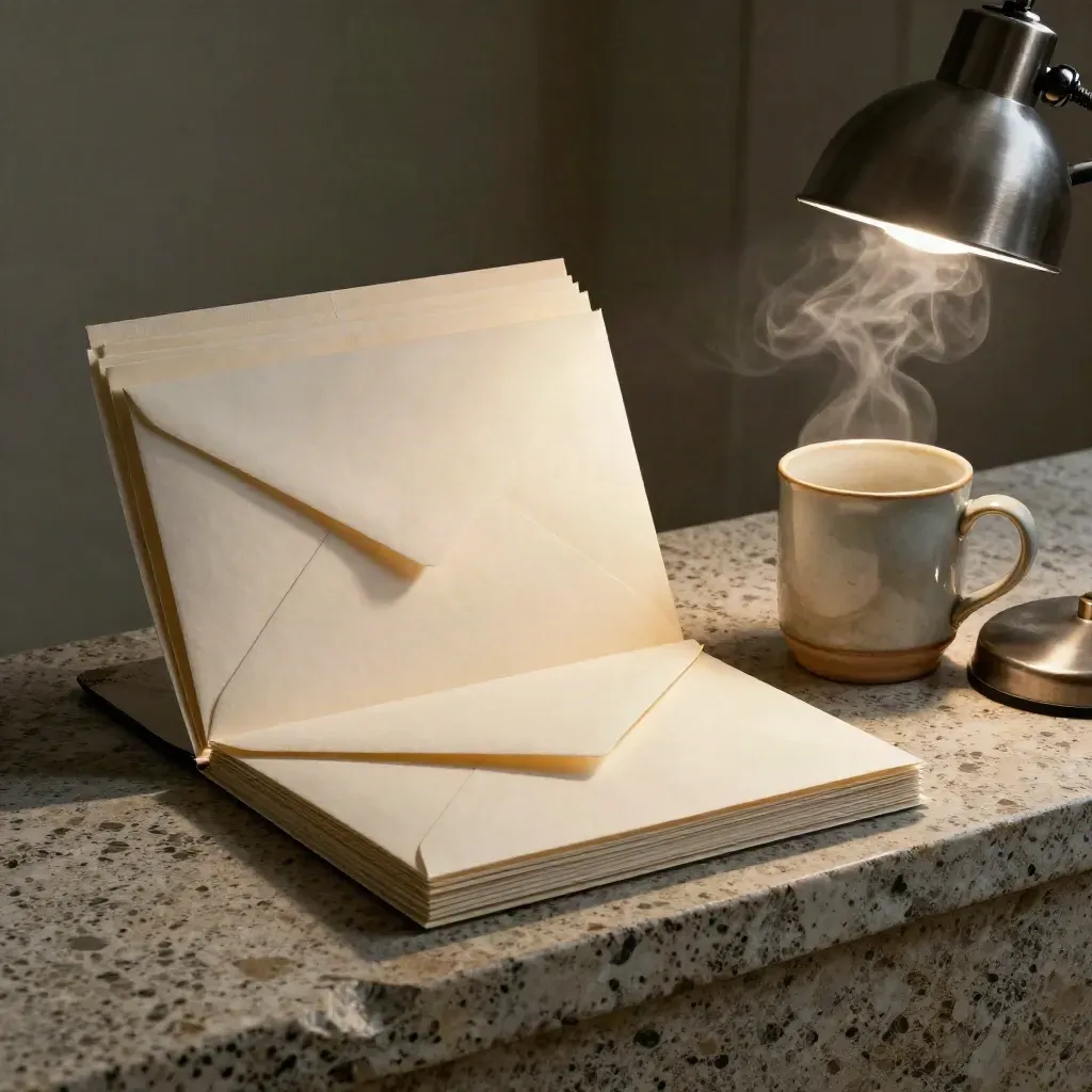 Versiegelte Umschläge, Ordner und dampfende Tasse auf Stein im warmen Licht.