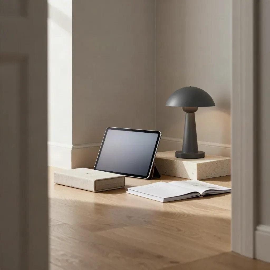 Tabletbildschirm neben Portfolio-Box, Markenheft und Lampe in heller Studioecke.