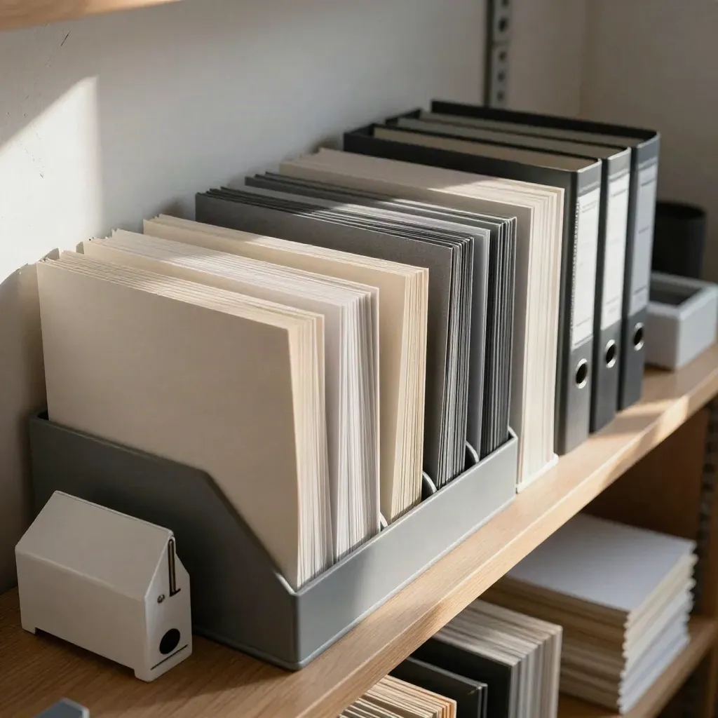 Neu geordnetes Studio-Regal mit Folders, Musterkarten und ruhiger Korrespondenzstation im warmen Licht