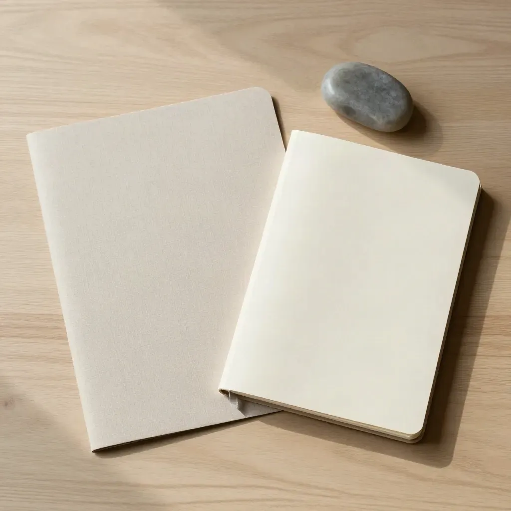 Flache Stillleben-Szene mit Folder, Notizbuch und Steinbeschwerer auf hellem Leinen.