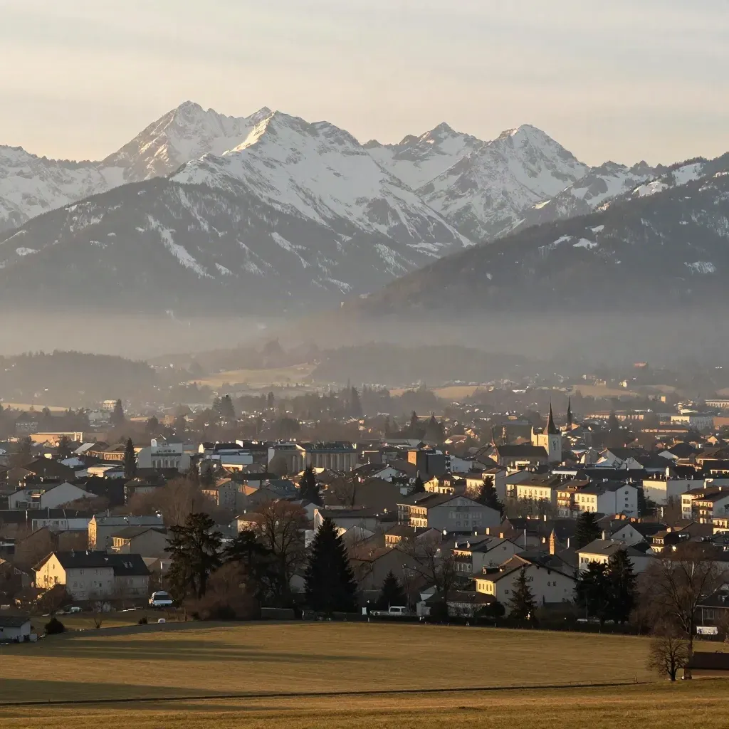 Weite Sicht über München, Alpenkette im Schnee und warmer Dunst über der Stadt