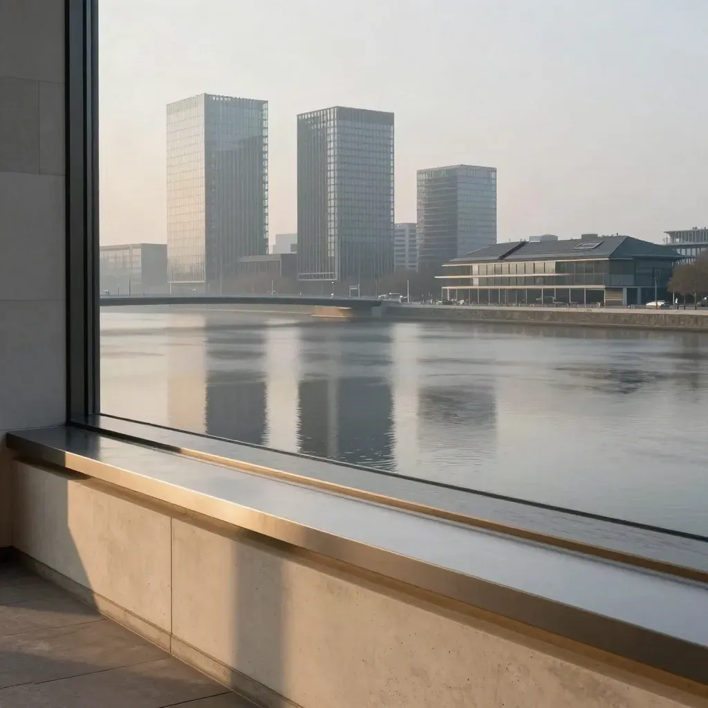 Ruhige deutsche Skyline mit Brücke und Glasbauten im warmen Abendlicht hinter Innenfenster